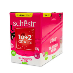 Schesir C&B kot pouch tuńczyk z kurczakiem i szynką filety galaretka 85g 12szt/display