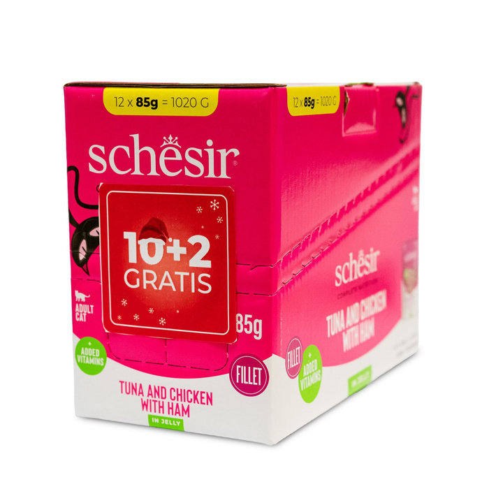 Schesir C&B kot pouch tuńczyk z kurczakiem i szynką filety galaretka 85g 12szt/display