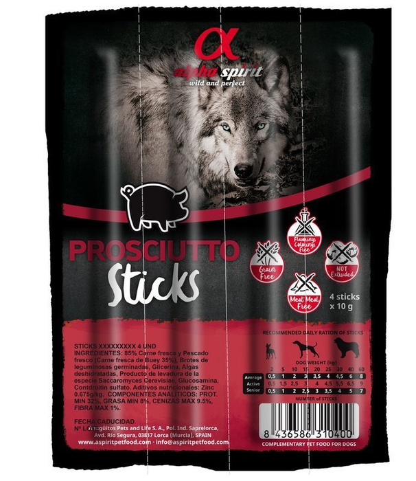 Alpha Spirit czteropak paluszków dla psa z prosciutto 40g