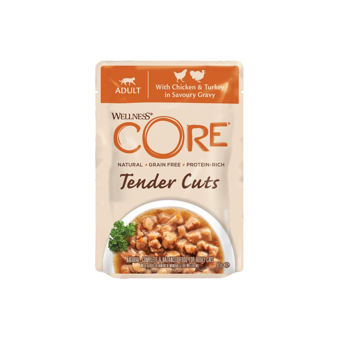 Wellness Core Tender Cuts karma mokra dla dorosłych kotów z kurczakiem i indykiem w sosie 85g saszetka