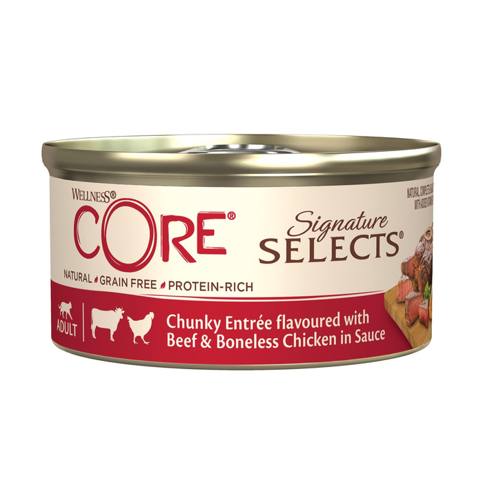Wellness Core Signature Selects Chunky Entree karma mokra dla dorosłych kotów mięsne kawałki z wołowiną i kurczakiem 79g puszka