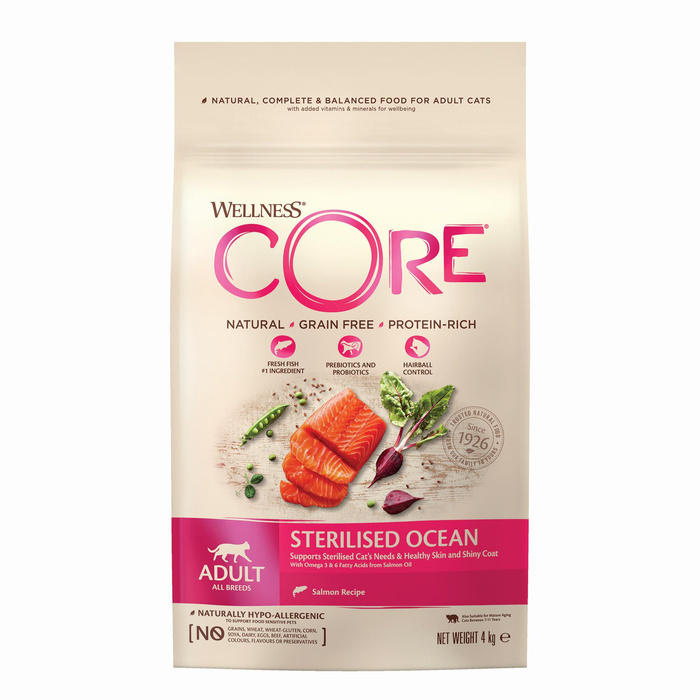 Wellness Core Sterilised Ocean d/kota łosoś 4 kg +  gratis niebieskie legowisko Garfield