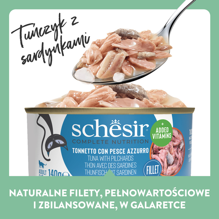 Schesir C&B Karma mokra dla kotów tuńczyk z sardynkami w galarecie 140g puszka