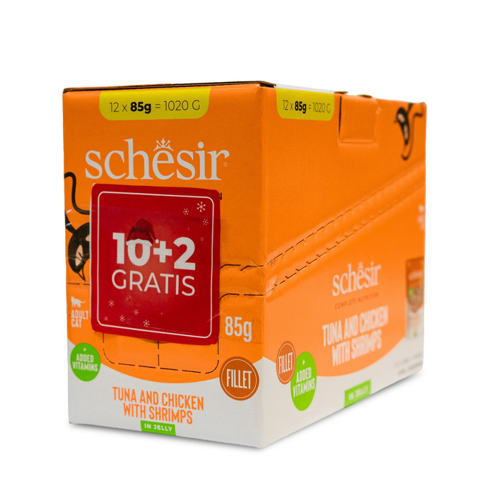 Schesir C&B kot pouch tuńczyk z kurczakiem i krewetkami filety galaretka 85g 12szt/display