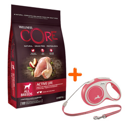 Wellness Core Active Life d/psa Adult kurczak i indyk 10 kg + gratis różowa smycz