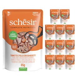 Schesir Tuńczyk Kurczak z Krewetką w Galaretce zestaw 12x 85g