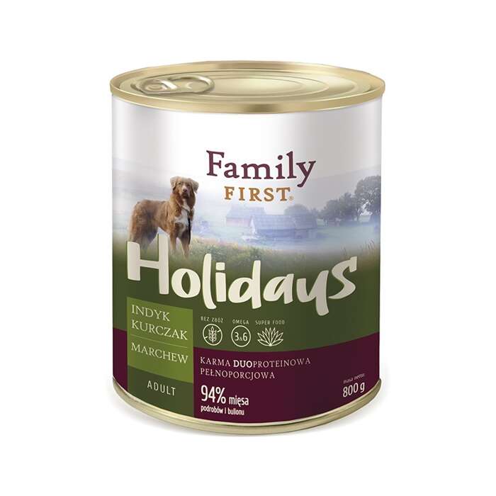 Family First Holidays z indykiem, kurczakiem i marchewką 800g 3+1 Gratis