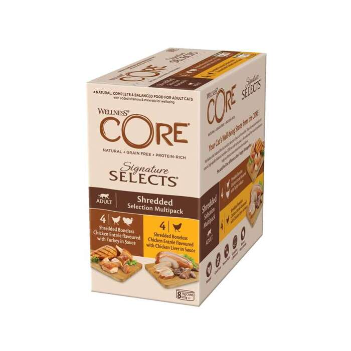 Wellness Core Signature Selects Shredded Multipack zestaw puszek dla kotów dorosłych 4x2 smaki 8x79g/635g